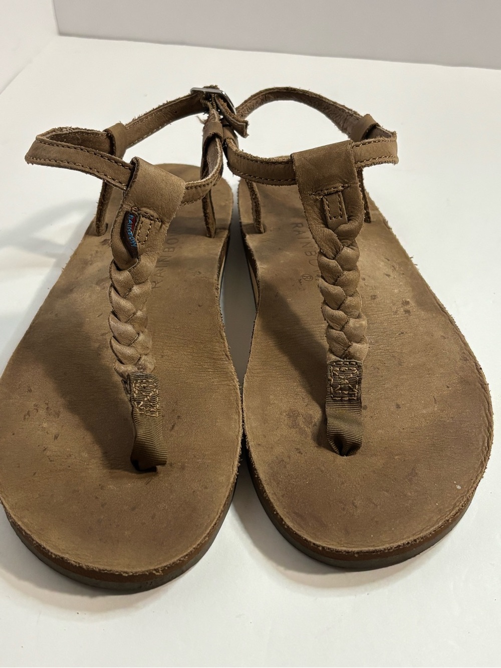 Rainbow Women’s Braided T-Strap Sandals - Brown Sz 10” toe to Heel